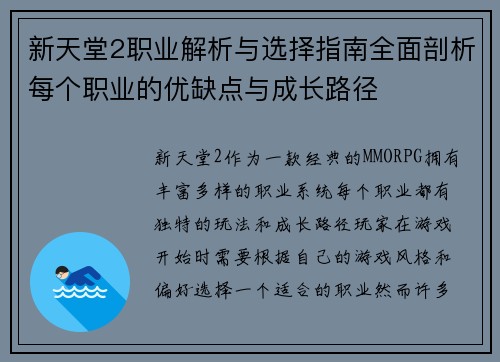 新天堂2职业解析与选择指南全面剖析每个职业的优缺点与成长路径